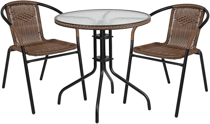 Flash Furniture Lila 28'' Round Glass Metal Table with Dark Brown Rattan Edging and 2 Dark Brown Rattan Stack Chairs