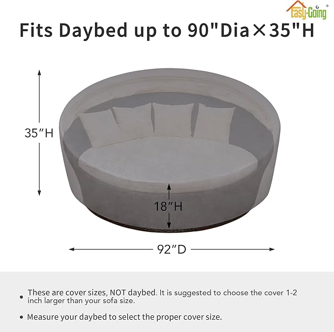 Easy-Going Heavy Duty 600D Outdoor Daybed Cover 92 Inch UV Resistant Patio Round Sofa Cover Waterproof Outdoor Canopy Daybed Sofa Cover with Air Vent 92" Dia x 35"/18" H, Grey