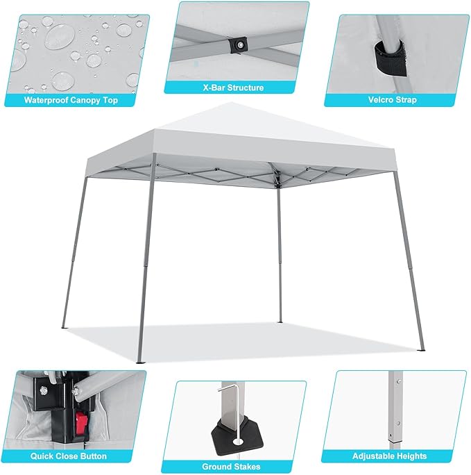 Canopy Tent, 10X10 FT Pop Up Canopy Outdoor Instant Tent Slant Legs with Carrying Bag, Portable Gazebo Shelter for Patio Deck Garden and Beach - 8X8 FT Canopy Cover (White)