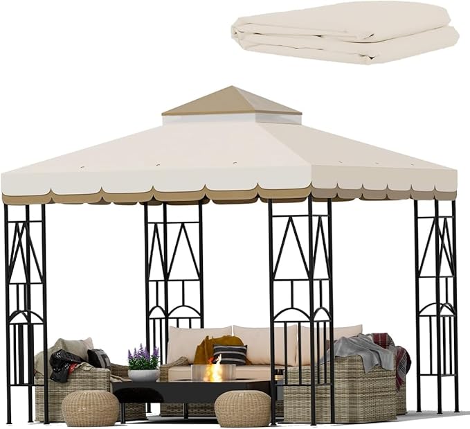 10x10 Canopy Replacement Top Double Tiered Gazebo Cover for Yard, Patio & Garden Durable Sunshade Replacement (BeigeBrown with lace)