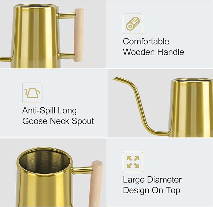 Watering Can Indoor Plants, 35 oz/1000 ml Metal Stainless Steel Watering Can Pot with Long Spout for Indoor House Plants Bonsai Outdoor Garden Flower Decorative (Gold)