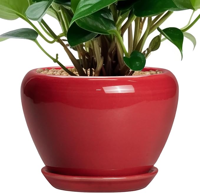 6 Inch Plant Pot - Glaze Modern Ceramic Planter for Indoor Plants, Succulent Pot with Drainage Hole and Saucer, Office Garden Home Decor, Housewarming Gift, Red