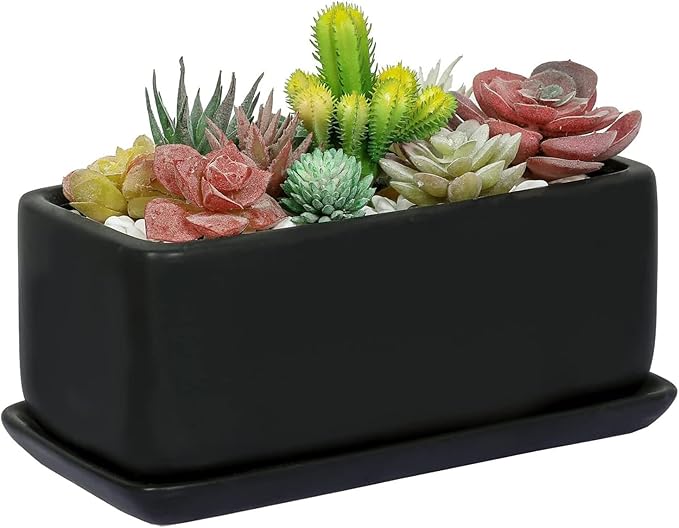 MyGift 10 Inch Matte Black Ceramic Indoor Plant Pot Succulent Planter, Decorative Flower Planter with Drainage Hole and Removable Tray