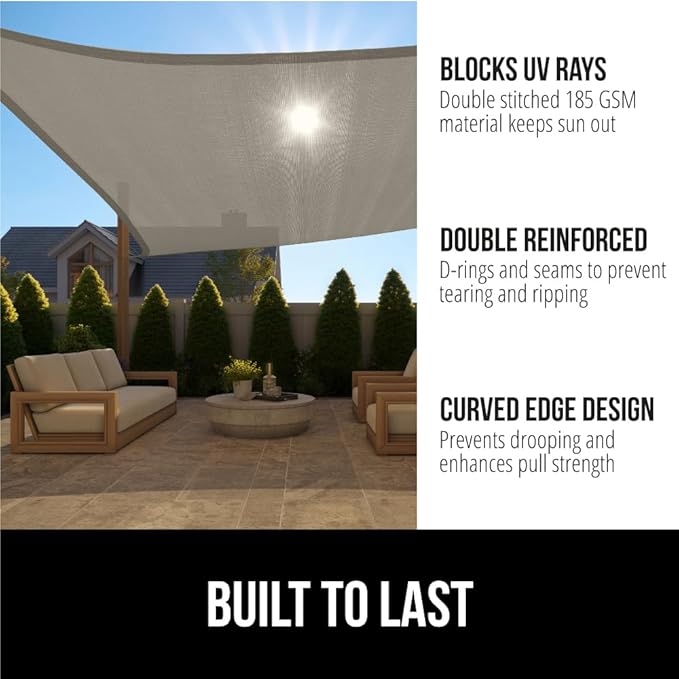 GORILLA GRIP Heavy Duty Sun Shade, UV Protection Fade Tear and Rust Resistant Rectangle Sunshade Canopy, Curved Edges Blocks Sunlight, Breathable Sail, Outdoor Patio, Lawn Garden 12x12 FT Gray