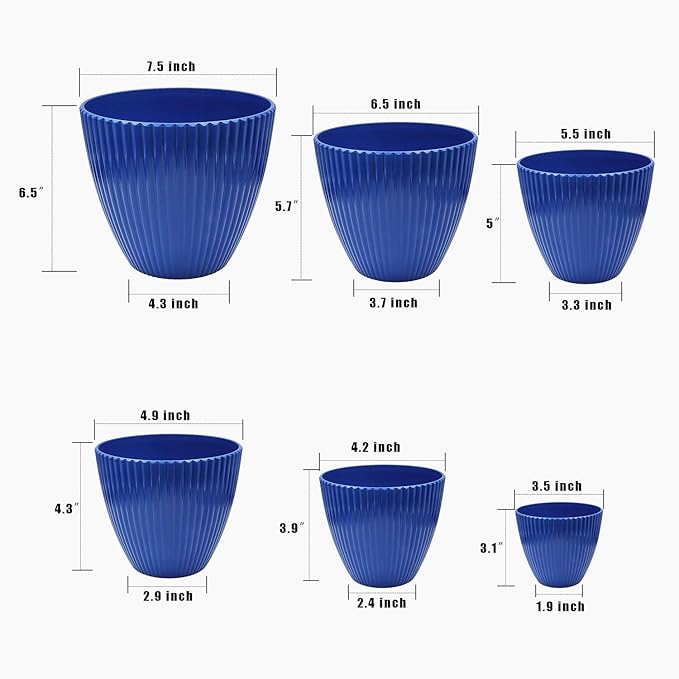 7.5/6.5/5.5/4.9/4.2/3.5 Inch Plant Pots with Saucers & Drain Holes - Indoor/Outdoor Flower Pots for Succulents, Herbs, Cactus - Modern Lightweight Durable Planter Set, Blue