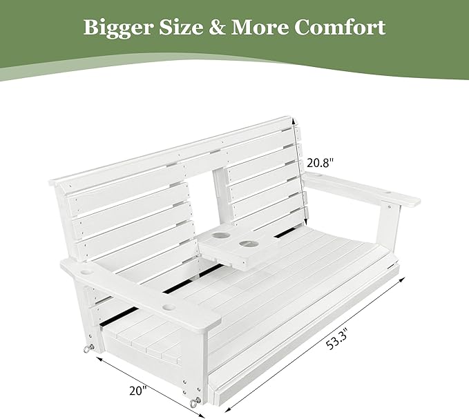 Poly Lumber 3-Seat Porch Swing, HIPS 5-Feet Bench Swing with Foldable Cup Holders,18/8 Stainless Steel Hardware, High Backrest and Deep Contoured Seat, Snow White
