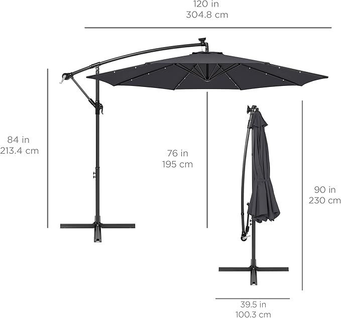 Best Choice Products 10ft Solar LED Offset Cantilever Hanging Market Patio Umbrella, 8 Sturdy Ribs, Easy Adjustment - Gray