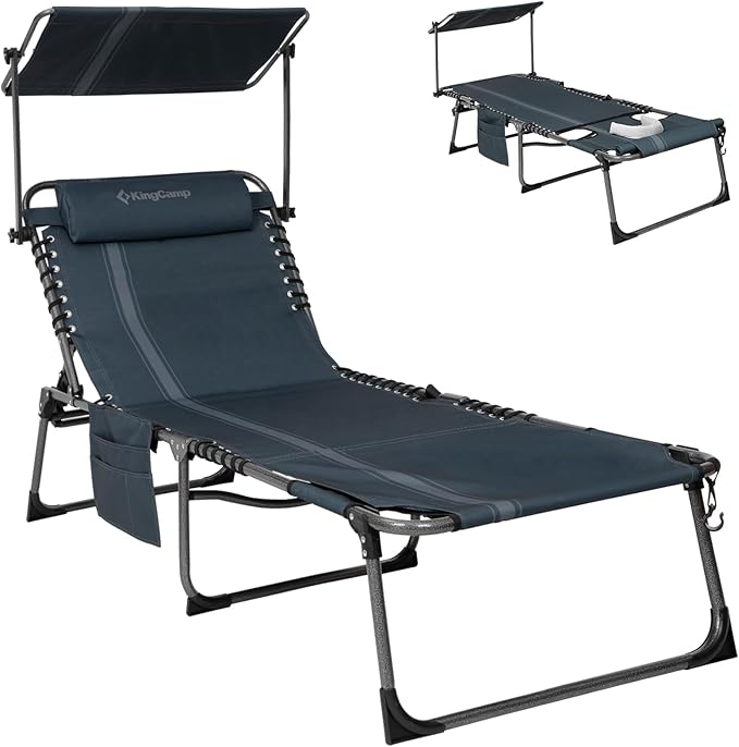KingCamp Tanning Chair with Face Hole, Lounge Chairs Outdoor Folding Comfy Adjustable 5-Position Foldable Chaise Chaser with Canopy Shade for Outside Beach Patio, Blue/Grey