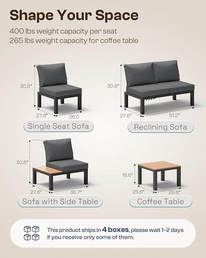 Aluminum Modular Outdoor Patio Furniture Set, 6 Seats Patio Sectional Sofa Set with Adjustable Backrest & Thick Cushions, All-Weather Conversation Sets with Table for Garden & Yard, Graphite