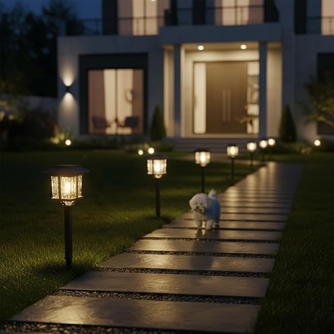 XMCOSY+ Solar Pathway Lights Outdoor, 2-Tone LED Waterproof Garden Outdoor Lighting for Yard Stainless Steel & Glass Solar Powered Landscape Walkway Driveway Decor (4 Pack, Warm White)