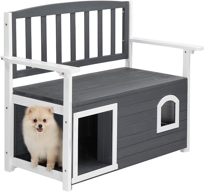 VINGLI Outdoor Storage Bench with Built-in Dog House, 2-in-1 Outdoor Waterproof Patio Bench with Pet Kennel for Patio Backyard Porch (Gray)