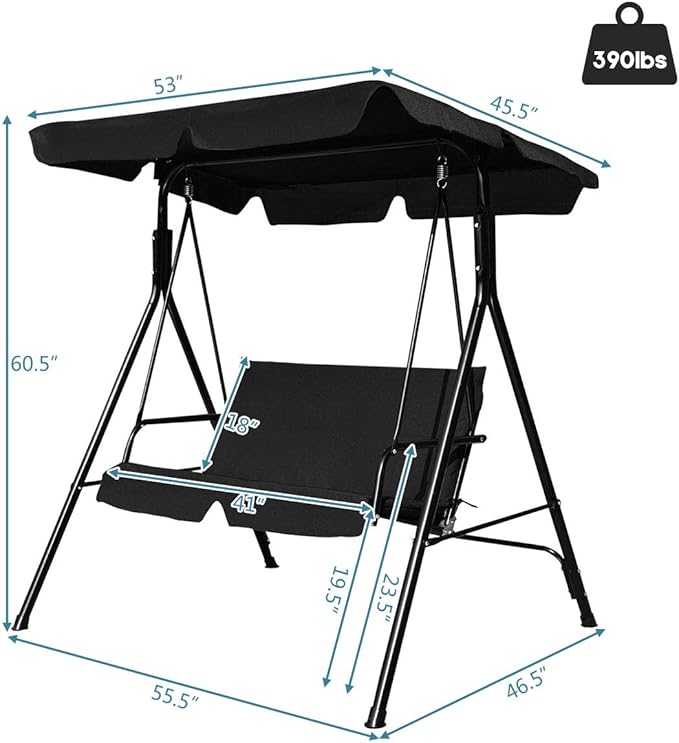 Tangkula 2 Person Porch Swing, Outdoor Swing with Removable Cushions, Solid Steel Structure, Patio Swing with Adjustable Canopy for Porch, Backyard, Garden, Balcony