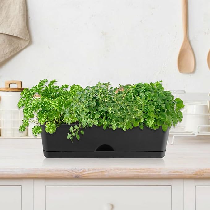 6 Pack Rectangle Planter 16x4.4 Inch Window Boxes Planters Rectangular Large Window Sill Planters Indoor Self Watering Plant Pots with Drainage Holes and Saucers Succulent Herb Flower Pots, Black