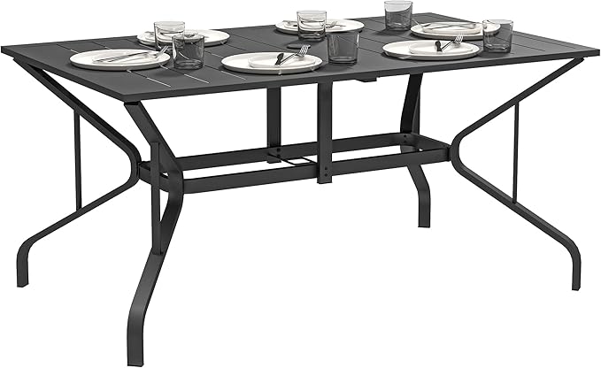 Outsunny Rectangle Outdoor Dining Table for 6 People, Steel Rectangular Patio Table with Umbrella Hole, Steel Frame for Garden, Balcony, Black