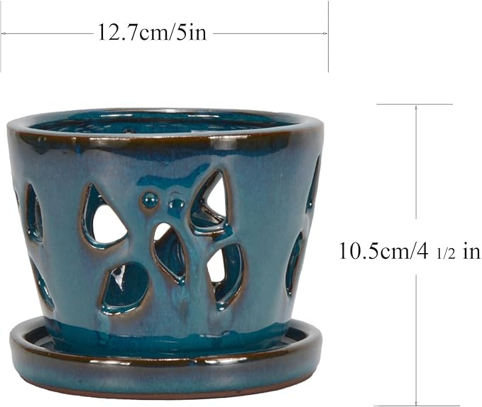 W&W Orchid Pot with Holes and Saucer for Repotting, Teal, 5 Inch
