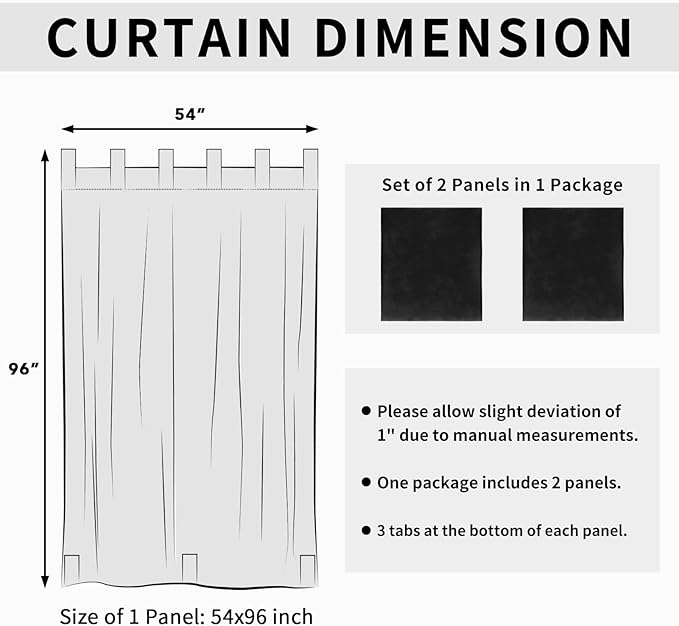 Easy-Going Outdoor Patio Curtains Detachable Tab Top Windproof Weatherproof Curtain for Cabana, Porch, Pergola and Gazebo, Tab Bottom Drape, 2 Panels, 54W x 96L inch, Black