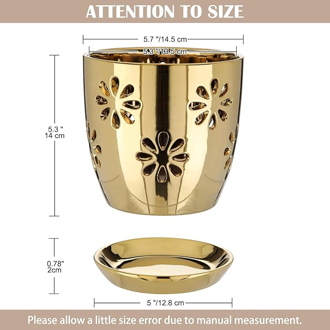 Oairse 6 inch Orchid Pots with Holes, Gold Ceramic Orchid Pot for Repotting Small Indoor Plant Pots with Drainage Holes and Saucers Decorative Flower Planter for Orchids, Indoor Plant