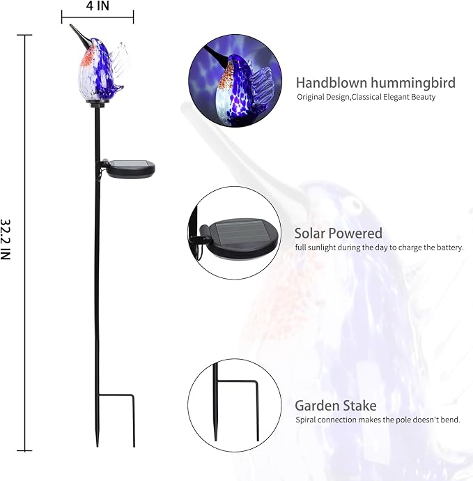 Bshine Solar Garden Decoration Outdoor Hummingbird Lights Stake, Hand Blown Glass Waterproof Solar Light Decorate Paths, Pathways, Lawns and Yards Art for Mom Gifts