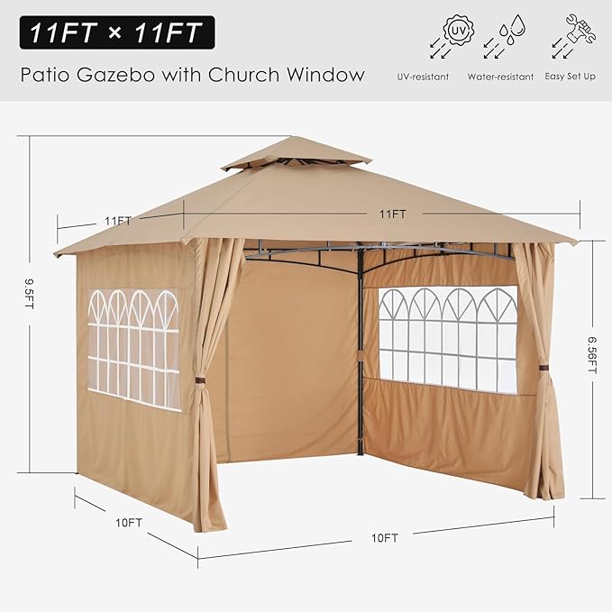 MASTERCANOPY Patio Gazebo Steel Frame Outdoor Gazebo with Windows Curtains (11x11,Beige)