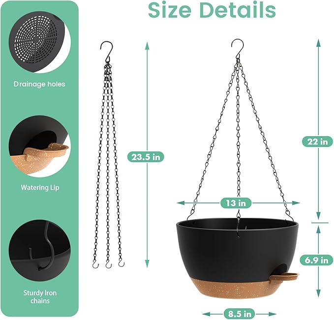 13 Inch 2 Pack Large Self Watering Hanging Planters for Indoor Outdoor Plants, Hanging Plant Pots with Removable 50 Oz Reservoir, Plastic Hanging Basket for Window Porch Garden, Black with Brown