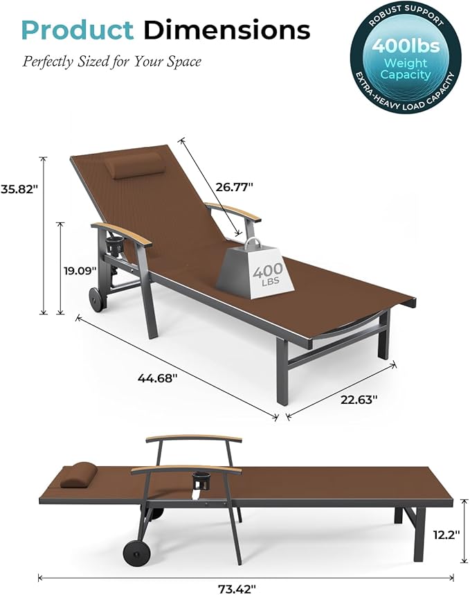 Ciokea Outdoor Lounge Chair with Pillow Set of 2, 5-Position Aluminum Chaise Lounge with Wheels & Armrests, 400 lbs Heavy Duty Patio Pool Chair for Backyard, Deck, Beach & Poolside, Brown