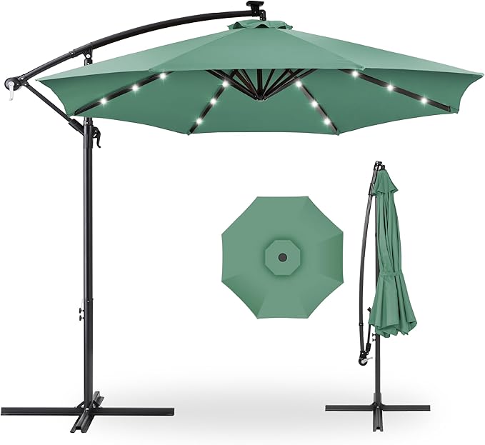 Best Choice Products 10ft Solar LED Offset Cantilever Hanging Market Patio Umbrella, 8 Sturdy Ribs, Easy Adjustment - Seaglass