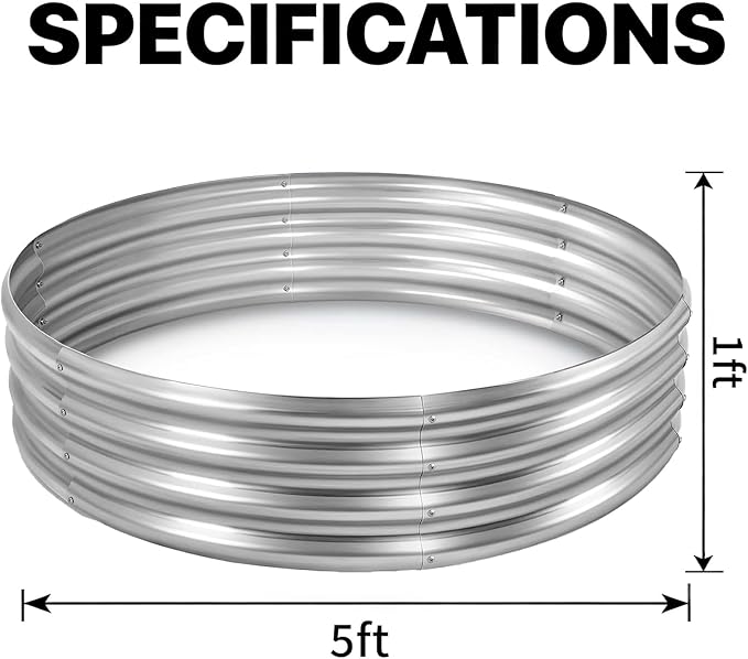 Round Galvanized Raised Garden Bed Kit, Round Galvanized Planter for Vegetables/Herbs/Flowers Heavy-Duty Steel Outdoor Water Trough (Silver, 5X5X1FT)