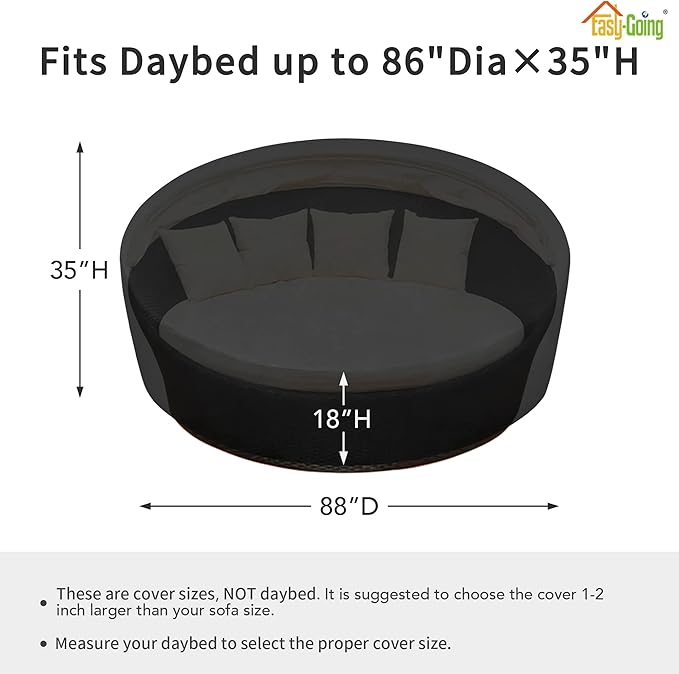 Easy-Going Heavy Duty 600D Outdoor Daybed Cover 88 Inch UV Resistant Patio Round Sofa Cover Waterproof Outdoor Canopy Daybed Sofa Cover with Air Vent 88" Dia x 35"/18" H, Black