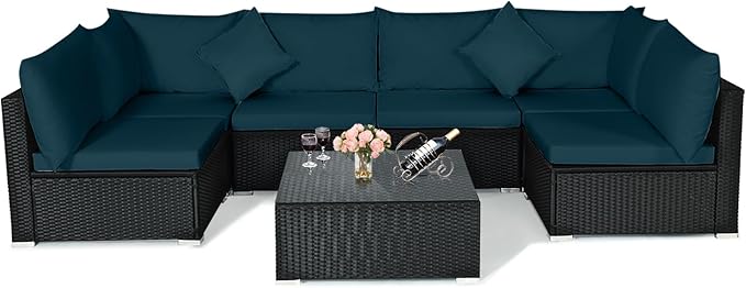 Tangkula 7 Piece Patio Furniture Set, Outdoor Wicker Sectional Sofa with Pillows and Cushions, and Coffee Table, Patio Conversation Set for Garden, Lawn (Peacock Blue)