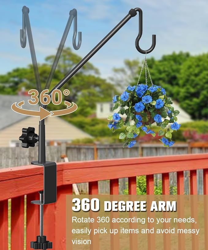 20 Inch Extended Reach Deck Hook Hanger for Railing, Heavy Duty Outdoor Plant Hook Holder for Hanging Bird Feeder Pole Deck Hanger Flower Basket Planter or Lanterns, Wind Chimes, 2 Pack