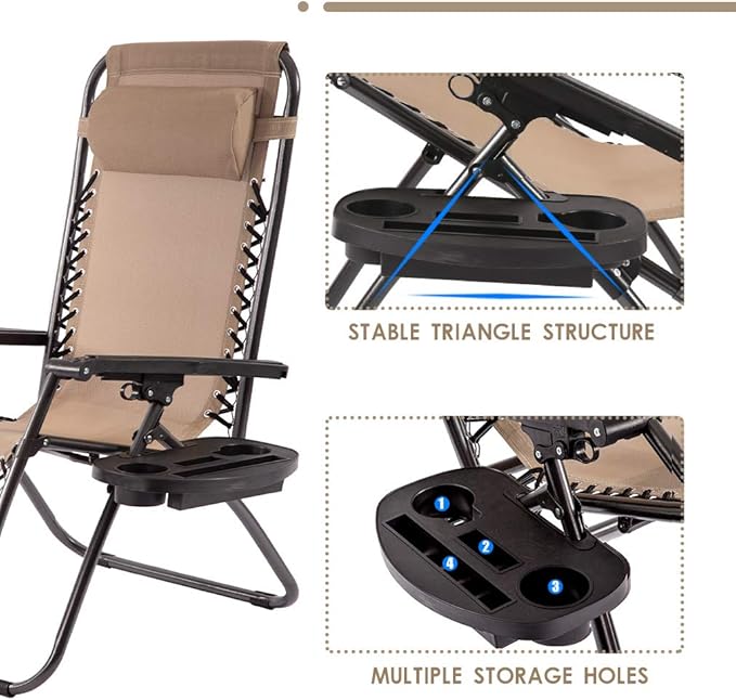 Set of 2 Zero Gravity Chairs Lounge Chair with Pillow and Cup Holder Patio Outdoor Adjustable Dining Reclining Folding Chairs for Deck Patio Beach Yard