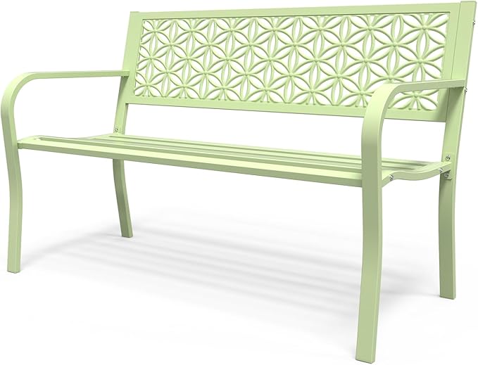 VINGLI 50" Outdoor Bench Metal with Floral Back, Garden Bench Front Porch Bench for Yard Patio Entryway Park Outside, 800lb Capacity - Green