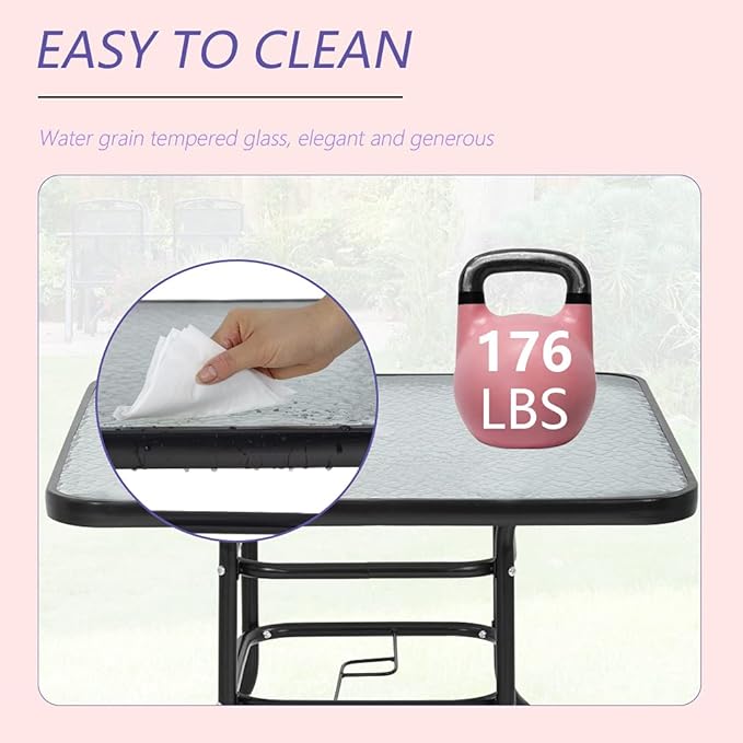 Outdoor Table Patio Table Dining Table with Tempered Glass Umbrella Hole for Lawn Balcony, Yard (Square)