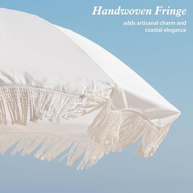 AMMSUN Boho Fringe Umbrella Outdoor Patio, 6.5ft UPF50+ Picnic Umbrella with Tassels with Steel Pole and Push Button Tilt, Antique White