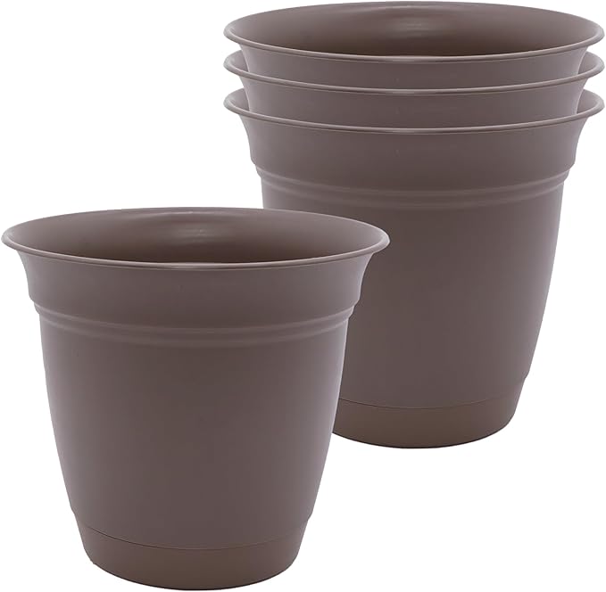 The HC Companies 8 Inch Eclipse Round Planter Pots with Drainage Holes & Attached Saucer, Lightweight UV-Resistant Plastic Indoor & Outdoor Planters, 4-Pack Flower Pots, Garden Home Decor, Cappuccino