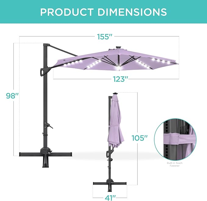 Best Choice Products 10ft Solar LED Cantilever Patio Umbrella, 360-Degree Rotation Hanging Offset Market Outdoor Sun Shade for Backyard, Deck, Poolside w/Lights, Easy Tilt, Cross Base