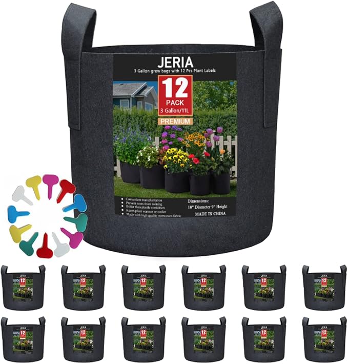 JERIA 12-Pack 3 Gallon Grow Bags, 300G Thickened Nonwoven Garden Pots,Heavy Duty Fabric Pots with Reinforced Handles