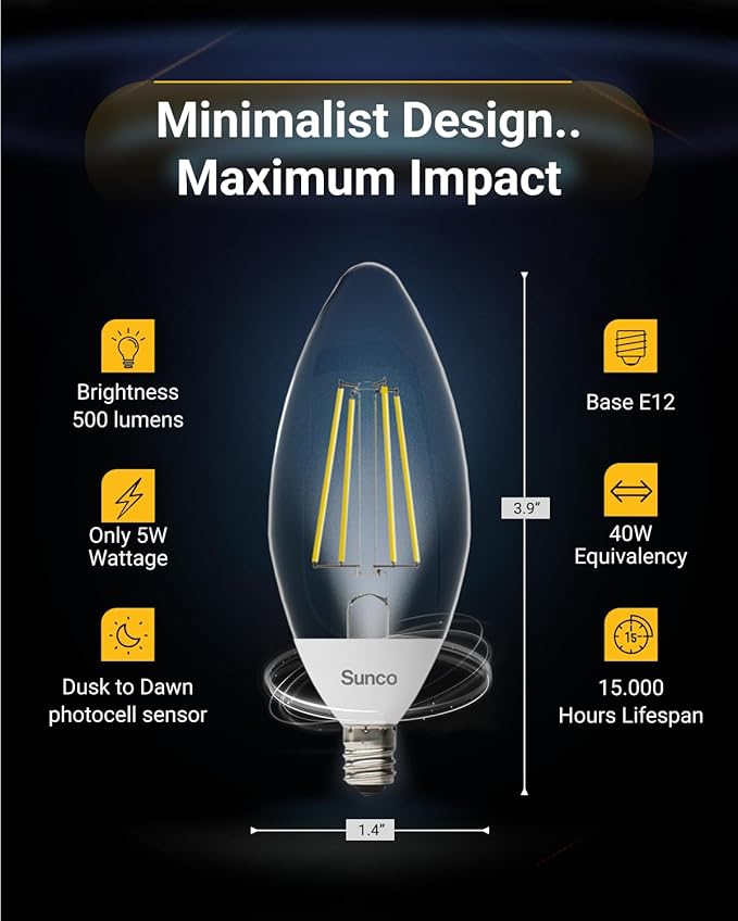 Sunco 6 Pack Dusk to Dawn LED Outdoor Light Bulb B11, Edison Filament Candelabra Bulbs for Porch Lighting, 500 LM, 5W (40W Equivalent), 4000K Cool White, E12 Base, Photocell Sensor UL
