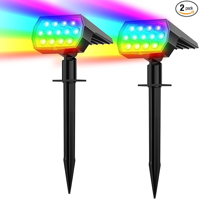 WELALO Solar Color Changing Spot Lights Outdoor, Waterproof Solar Halloween Lights, 7 Modes Multicolor RGB Landscape Spotlight for Garden Yard Driveway Lawn Patio Pathway Christmas Decorations 2 Pack