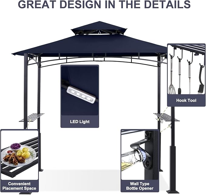 ABCCANOPY 8x5 Grill Gazebo - Outdoor BBQ Canopy Shelter with Led Light for Patio Backyard Grilling (Navy Blue)