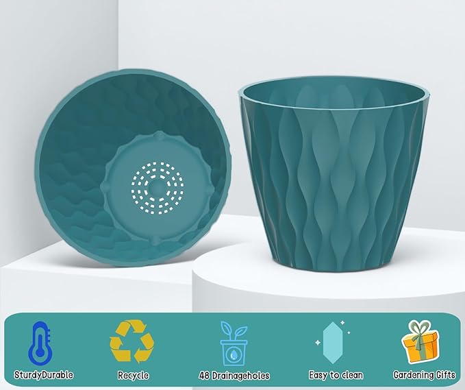 6 Pack 7 Inch Plant Pots with Drainage and Saucers, Multicolour Plastic Flower Pots for Indoor and Outdoor Plants, Stackable Nursery Planters for Houseplants and Herbs, Multicolour