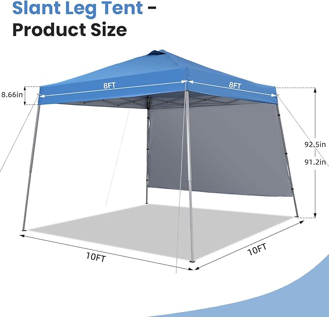 10X10 Pop Up Canopy, Slant Legs Instant Outdoor Canopy Tent with 1 Sidewall, Portable Patio Garden Deck Gazebo Shelter - 10x10 Base 8x8 Top