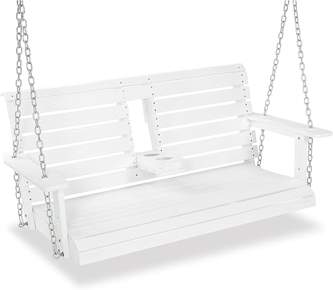 Poly Lumber 2-Seat Porch Swing, HIPS 4.5-Feet Bench Swing with Foldable Cup Holders,18/8 Stainless Steel Hardware, High Backrest and Deep Contoured Seat (Snow White, 4.5-feet)