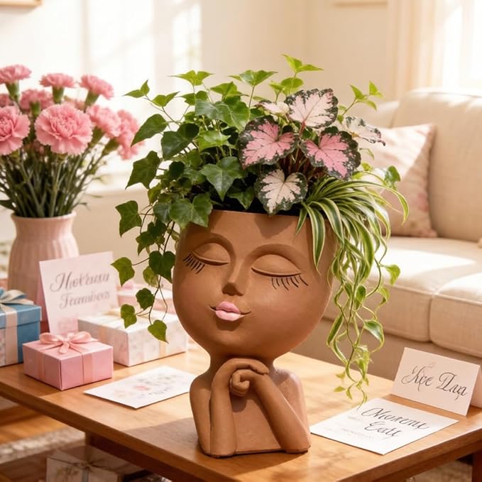 Face Flower Pot Head Planter, Girl Heads Flowerpot, Lady Faces Plant Pot, Female Bust Statue Succulent Pots with Drainage Hole for Indoor Outdoor Plants, Modern Human Art Vase(7" Brown)