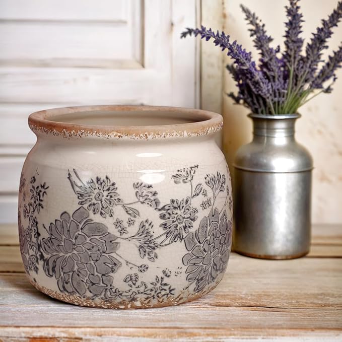 Modern Farmhouse Ceramic Planter for Home Decor, 6.29 Inch Vintage Plant Pot Indoor with Drainage Hole for Succulent Rosemary Plant, Distressed Pottery Vase for Office Balcony Decoration & Gift (Gray)