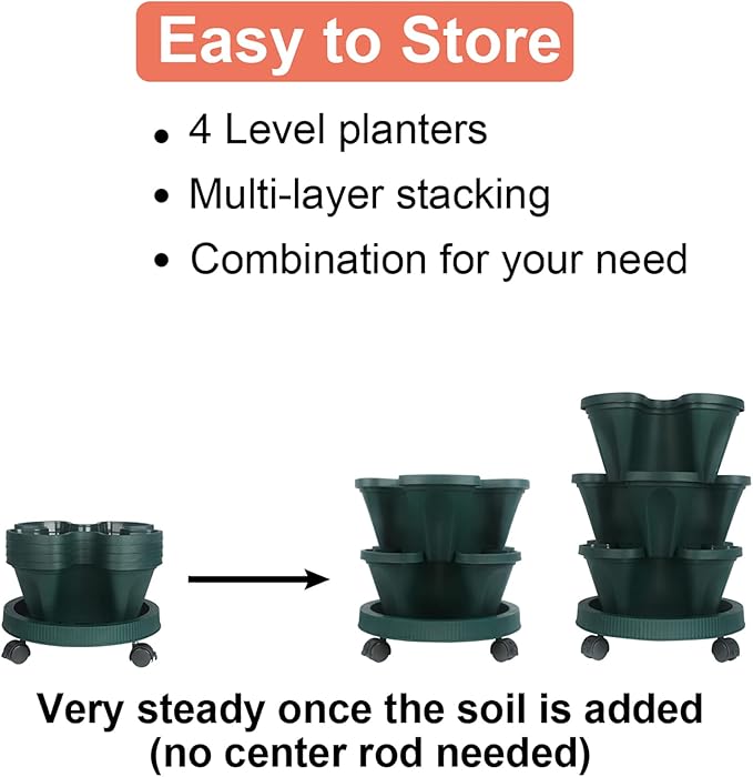 DUNCHATY Stackable Planter, Vertical Garden Planter with Wheels and Tools, Self Watering Strawberry Planter Indoor/Outdoor 4 Tier Herb Planter Pots for Growing Vegetables and Succulents,Pine Green