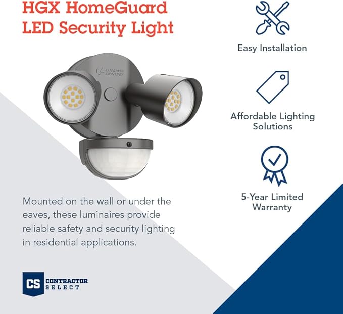 Lithonia Lighting HomeGuard 2-Light LED Outdoor Flood Lights, Motion Sensor Outdoor Lights with Dusk to Dawn, 4000K Cool White, Round Heads, Dark Bronze (HGX LED 2RH 40K 120 MO DDB M2)