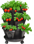 Strawberry Planters, 3 Tiered Vertical Stackable Planter, Herb Stacking Tower Garden, Flower Vegetable Planters with Support Pole, Indoor & Outdoor with Removable Wheels - Dark Grey