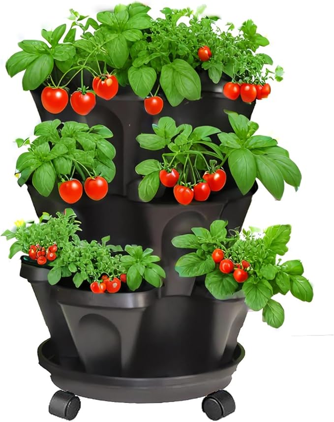 Strawberry Planters, 3 Tiered Vertical Stackable Planter, Herb Stacking Tower Garden, Flower Vegetable Planters with Support Pole, Indoor & Outdoor with Removable Wheels - Dark Grey