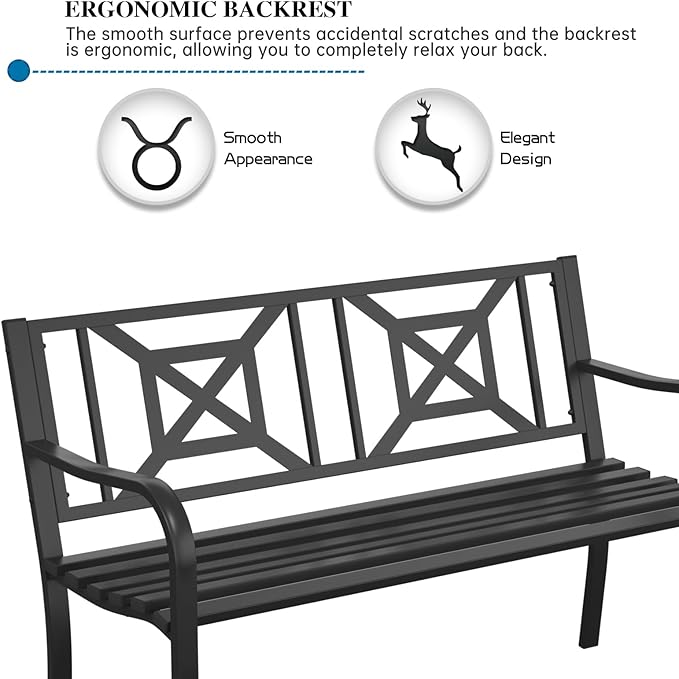 On Shine Patio Garden Bench,Outdoor Park Bench with Powder Coated Steel Frame, Elegant Loveseat with Square Pattern Backrest & Ergonomic Armrest for Outdoor Garden, Backyard, Lawn, Porch